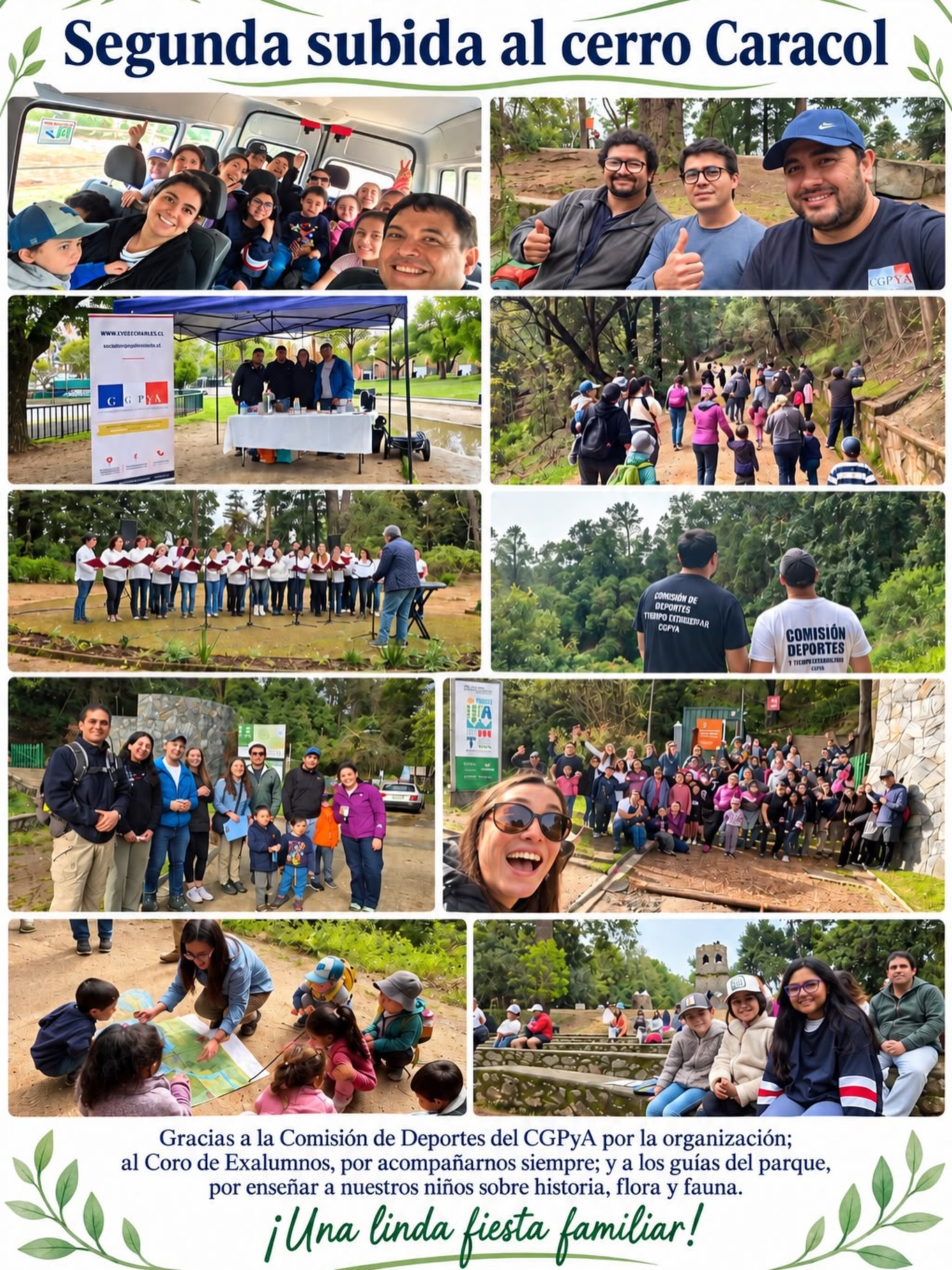 Familias del Lycée Charles de Gaulle durante la caminata al Cerro Caracol, con picnic al aire libre