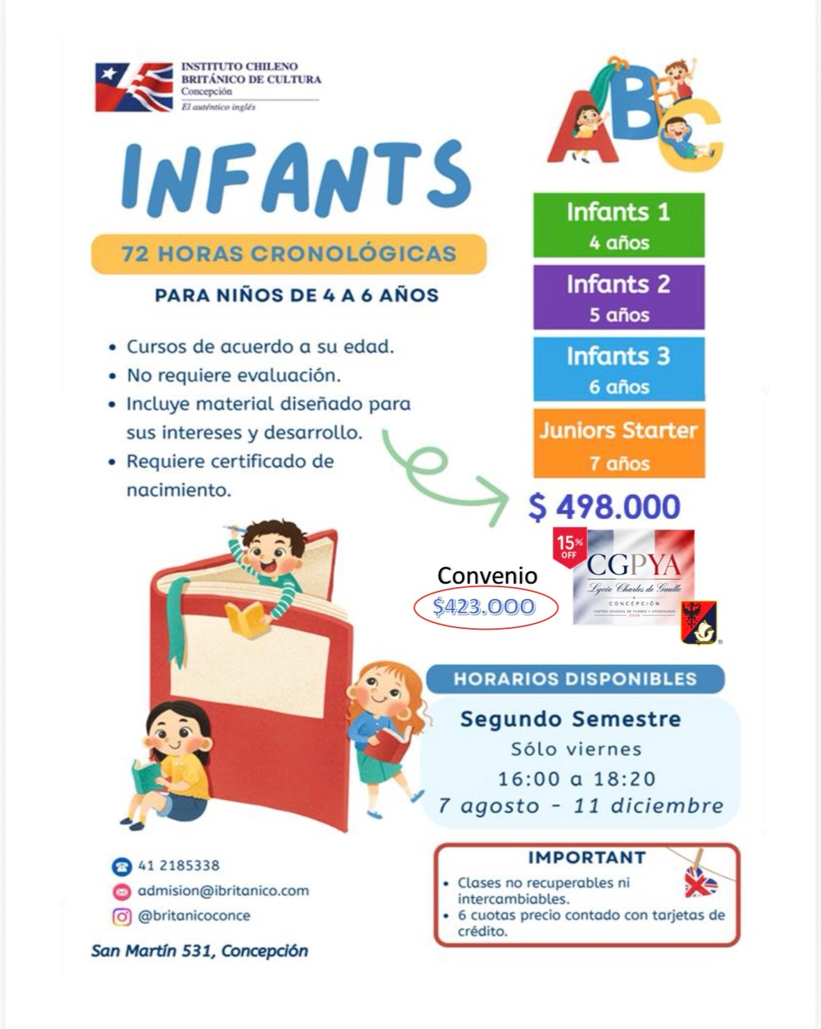 Afiche del convenio con el Instituto Chileno Británico, 15% de descuento para socios