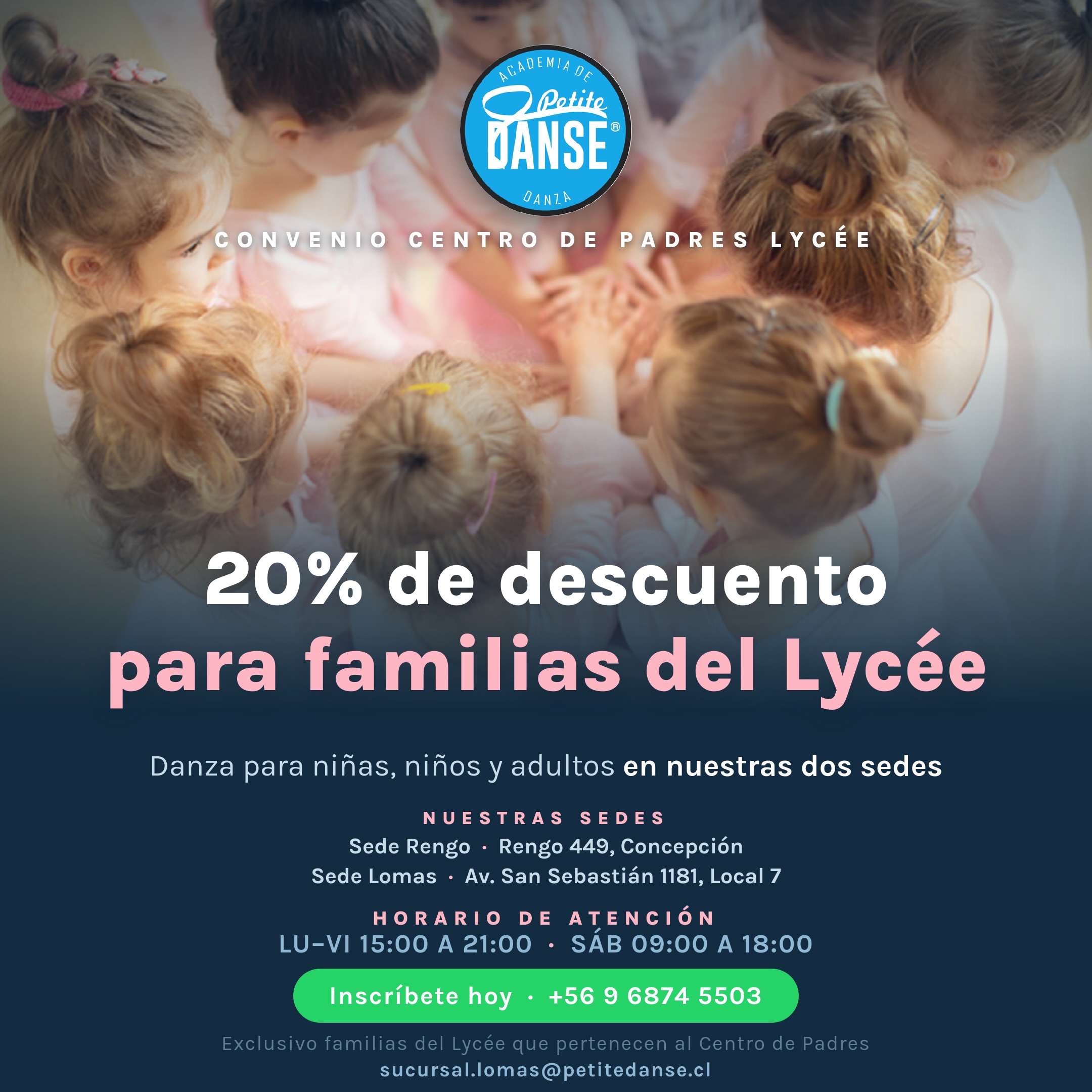 Afiche del convenio con Petit Danse, 20% de descuento para las familias del Lycée