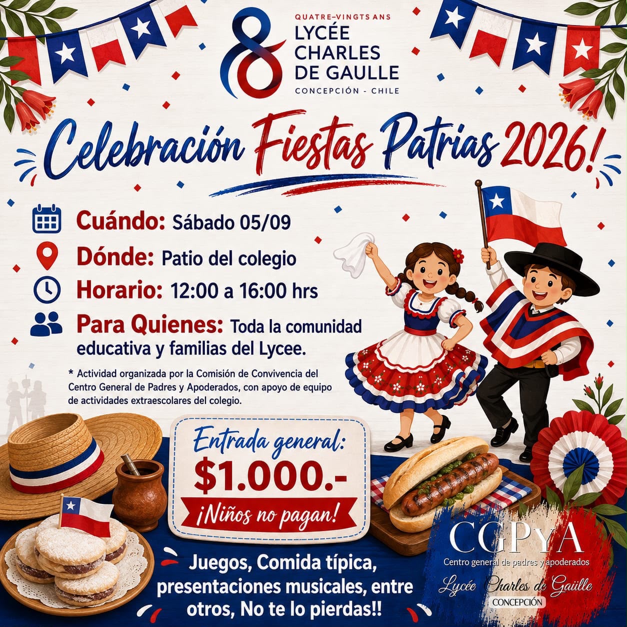 Afiche de invitación a las Fiestas Patrias 2026 en el patio del Lycée
